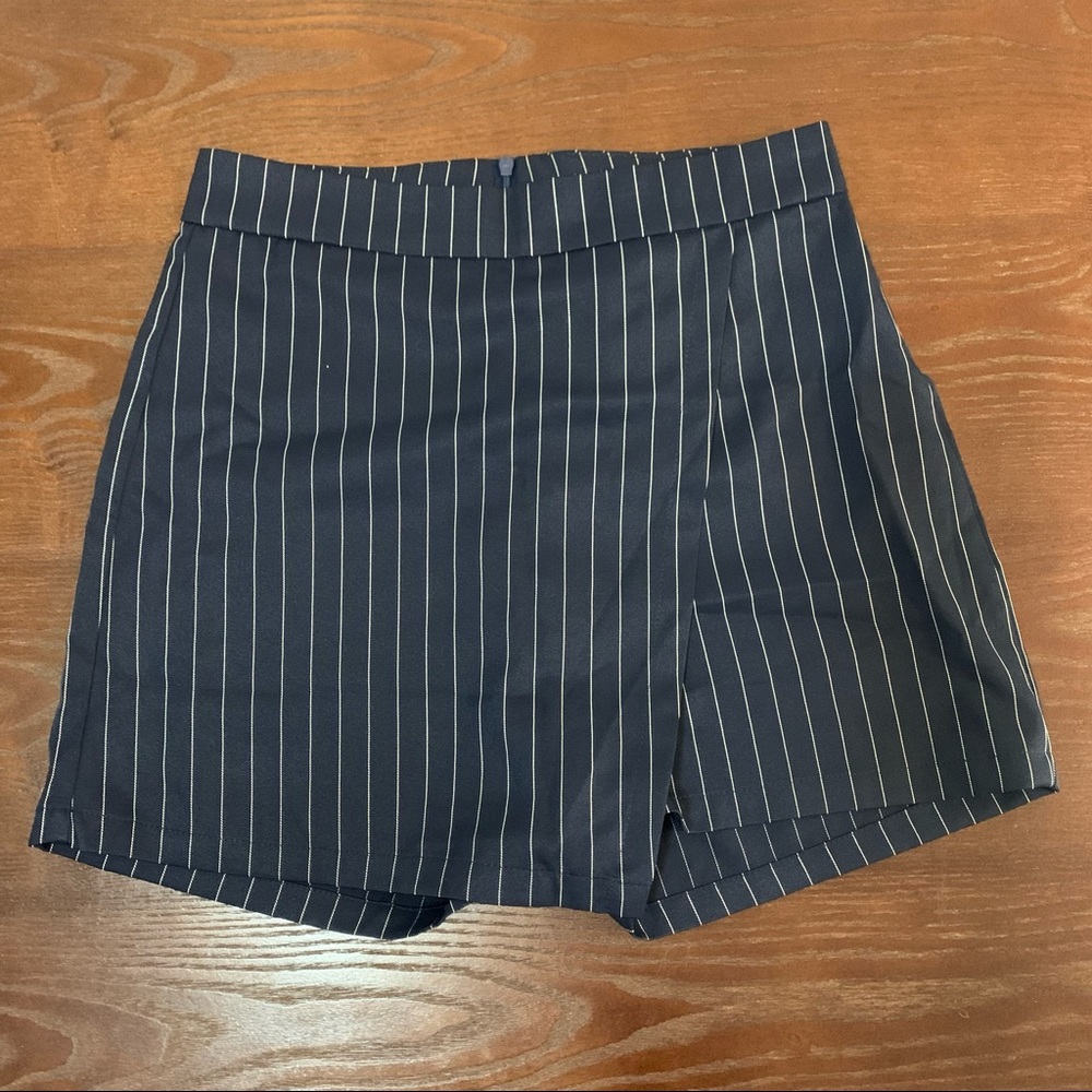 Navy Blue Pinstripe Wrap Skort from Boohoo